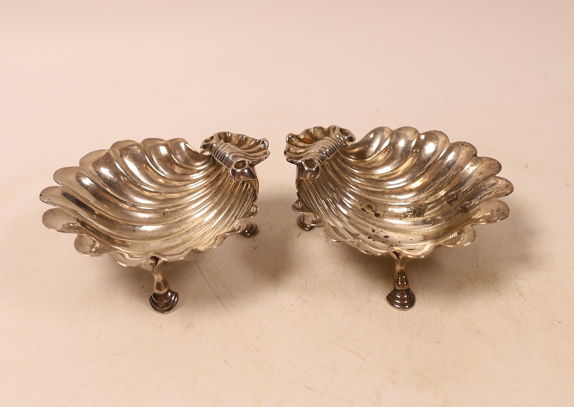 A pair of George III provincial silver shell salts, by Cattle & Barber, York, 1812, 10.7cm, 6.8oz.